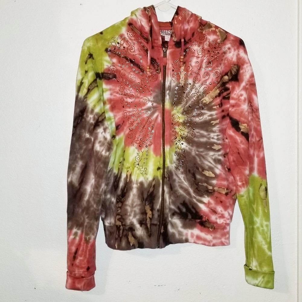 Pink Cattlelac Tye-Dye Embellished Zip-Up Hoodie